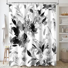 Black and White Shower Curtain Watercolor Black Floral Shower Curtain for Bat...