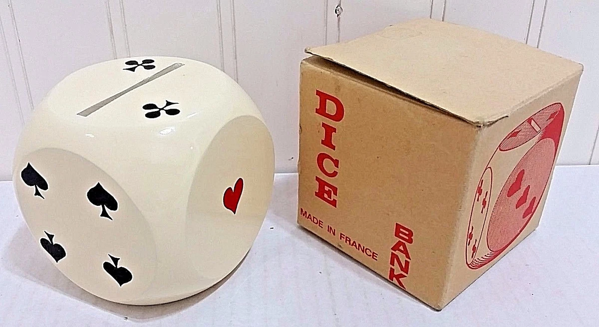 Vintage DICE Bank Made in France Wooden Die Poker Playing Cards Suits +Box & Key