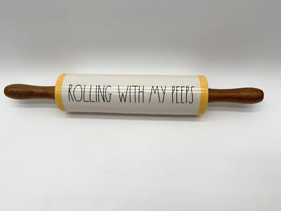 New RAE DUNN  Rolling With My Peeps  Ceramic Easter Rolling Pin with Wood Handle