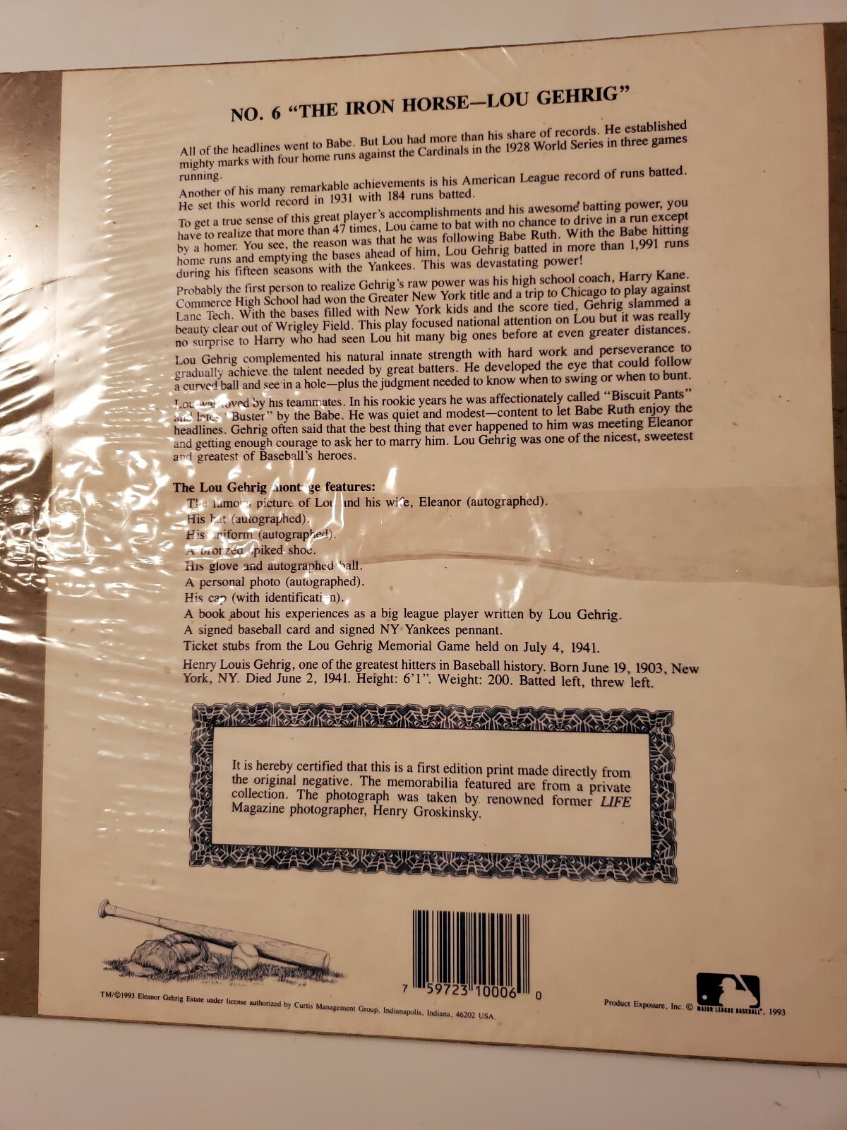 MLB First Edition Print "The Iron Horse" Lou Gehrig (1993) No. 6 in