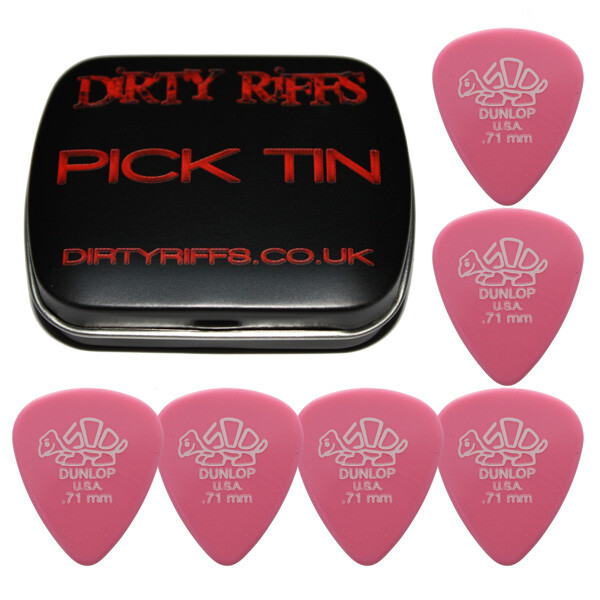 6 x Dunlop Delrin Guitar Picks / Plectrums - 0.71mm Pink In A  Handy Pick Tin