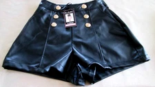 CI SONA BLACK FAUX LEATHER Sm SIDE POCKETS SIDE ZIP SHORTS GOLDTONE ACCENTS NWT