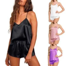 2 Pcs Cami Set Sleepwear Pajama Sexy Lingerie Satin Silk Nightwear Women Shorts