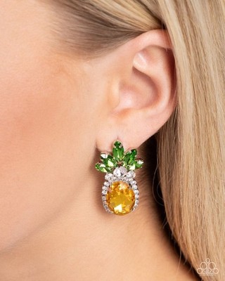 Paparazzi Green & Yellow Pineapple Rhinestone Post Back Earrings