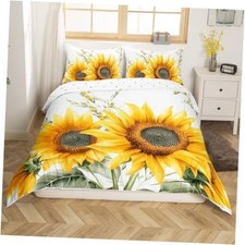 Sunflower Bedding Set Watercolor Botanical Branches Kids Queen Yellow