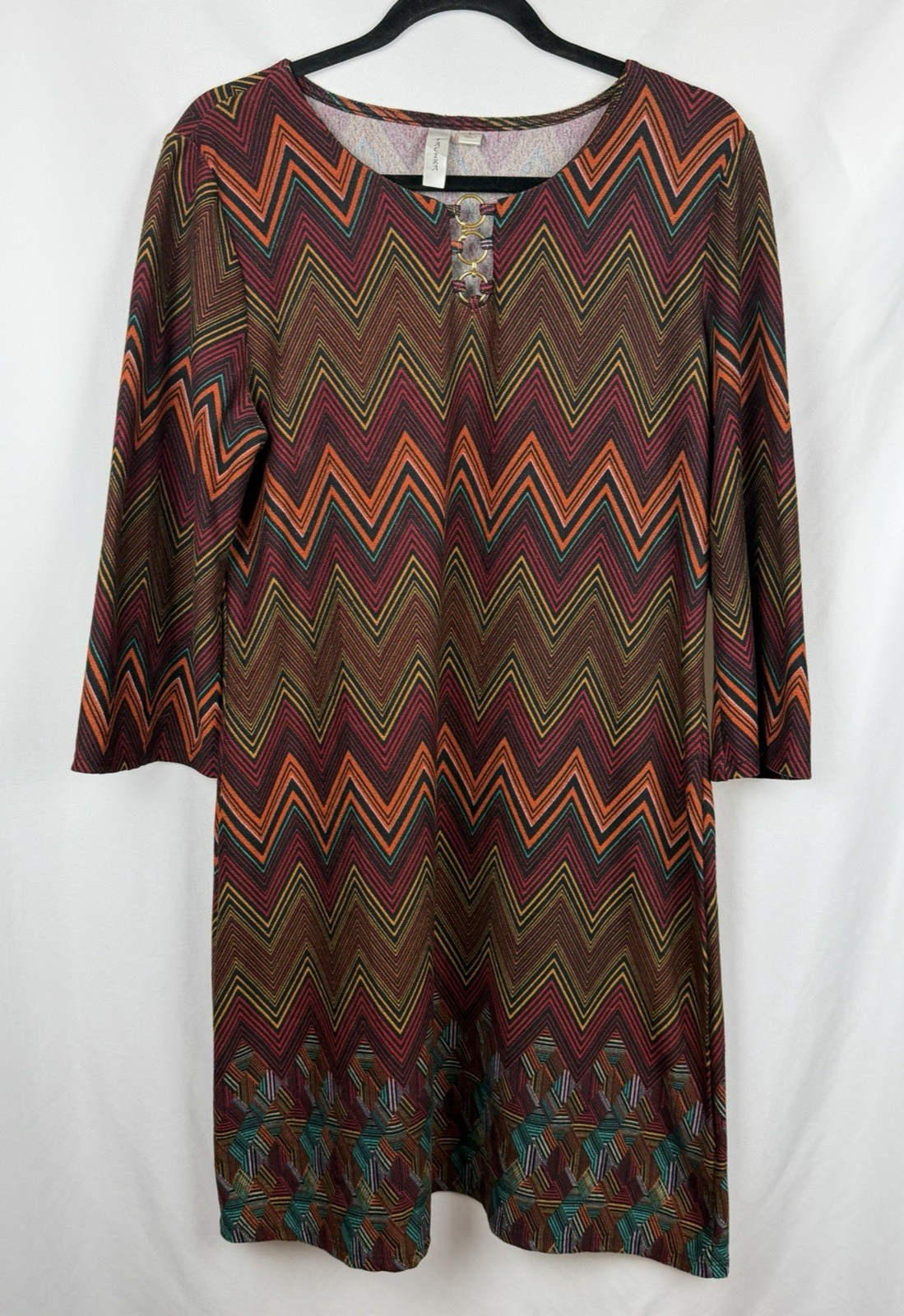 Tacera Chevron Knit Tunic Dress L Large Boho 3/4 Sleeve Gold Hardware Geometric