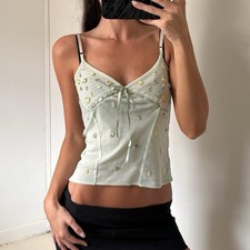 Italian Vintage Siste?s sheer mesh cami top Ribbon Tie Embroidery Fairycore