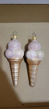 Two OLD WORLD Vintage Glass Ice Cream Cone Ornament Christmas Holiday