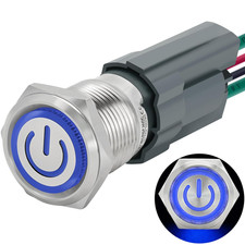 15Amp 16Mm Latching Push Button Switch IP67 Waterproof, SPST 1NO, with LED Angel