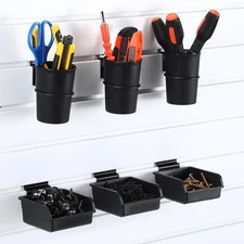 6 Pack Slatwall Cups Bins Plastic Organizer with Hooks and Loops Black Slatwa...