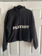 Playboy Pacsun Womens Medium Black Spell Out Fleece Crop Hoodie 1/4 Zip