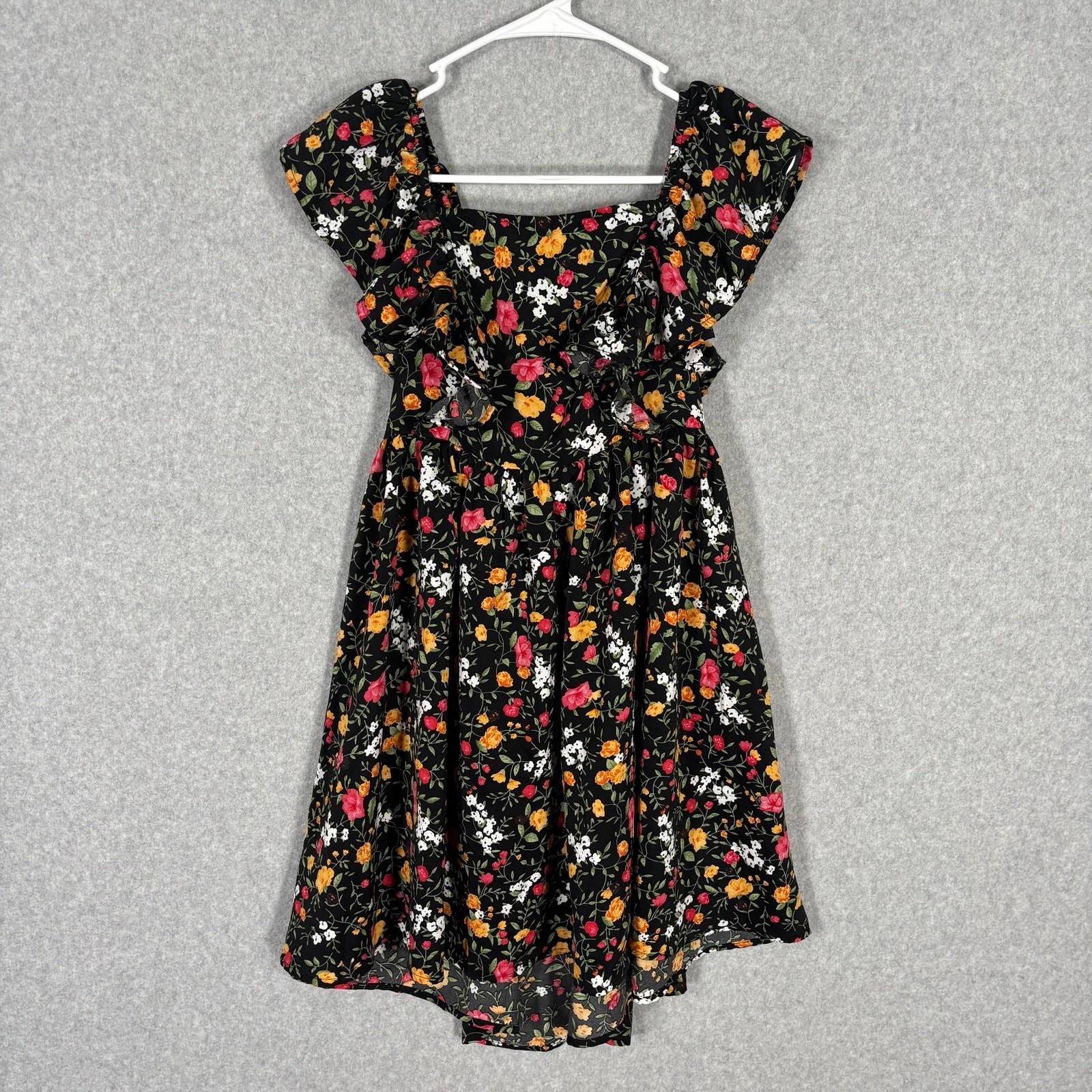 Floral Ruffle Dress Medium Black Fairy Cottage Coquette Milkmaid Dark Feminine