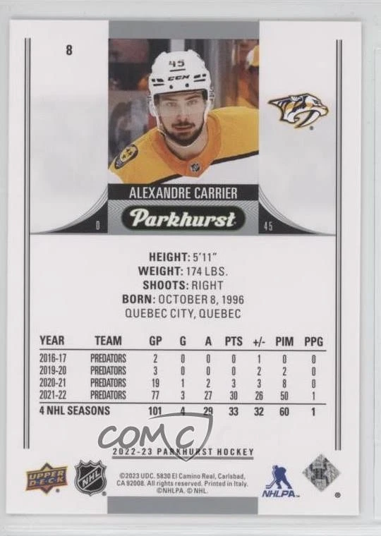 2022-23 Upper Deck Parkhurst Gold Foil Alexandre Carrier #8 - Image 2 of 2