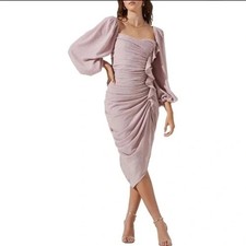 NWT$168 ASTR The Label Athens Ruched Puff Sleeve Shimmer Midi Dress Lavender MED