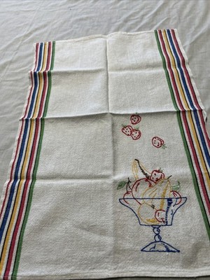 Vintage Embroidered Tea Towel With Fruit And Stripes On The Side
