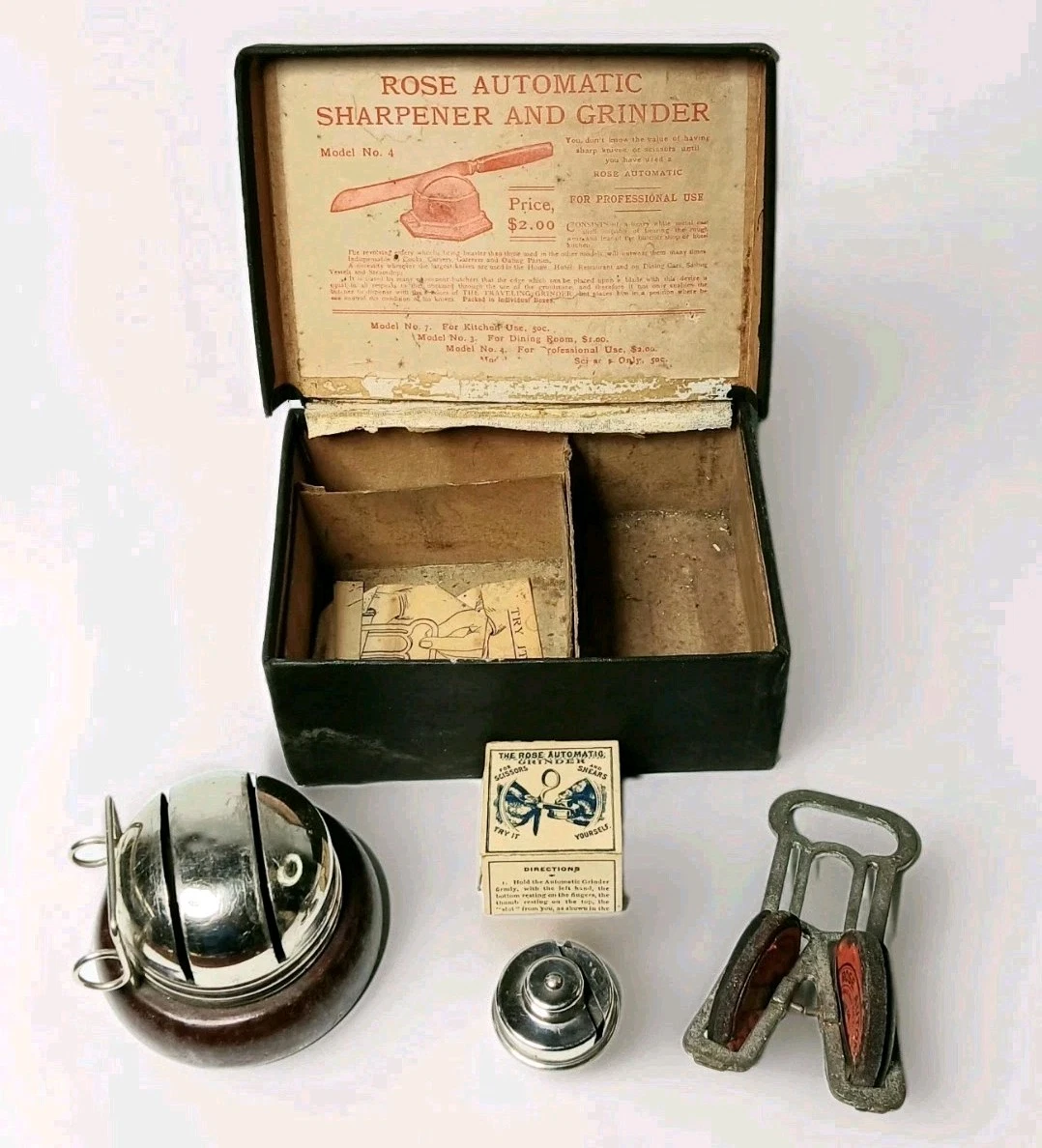 Vintage Original Rare set of 3 Rose Knife & Scissors Sharpening Stones Kit Case