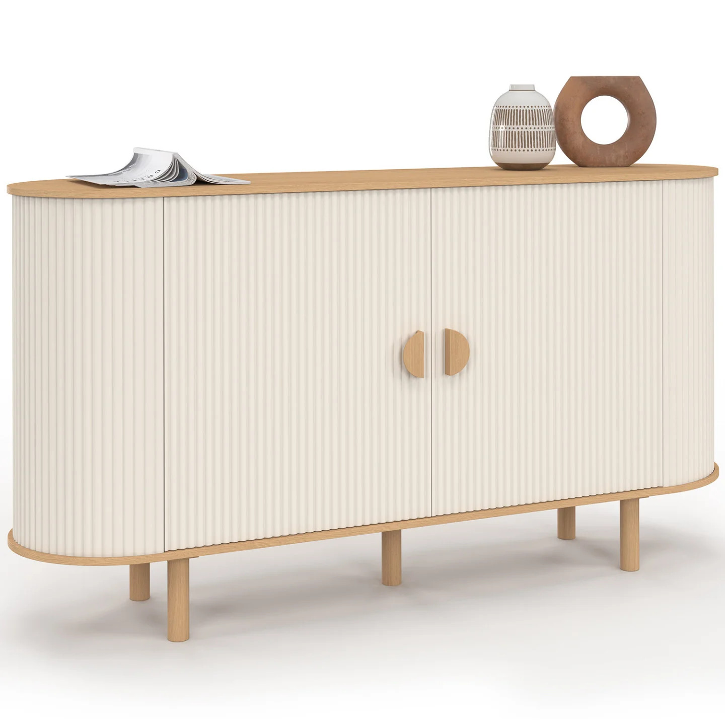 Buffet de luxe KANEL 140 cm en bois et beige avec façades cannelées