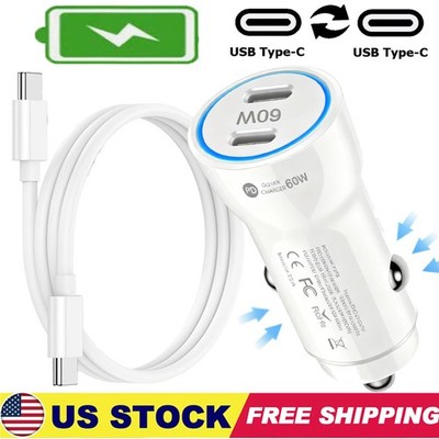 60W 2-Port USB-C Super Fast Car Charger Adapter For Samsung iPhone Android Phone