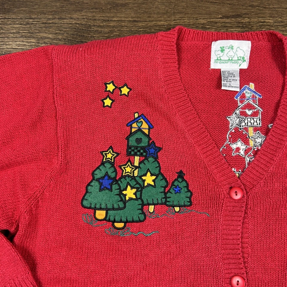 Quacker Factory Sweater Womens Large Red Christmas Tree Santa Cardigan Ugly - Image 3 of 4