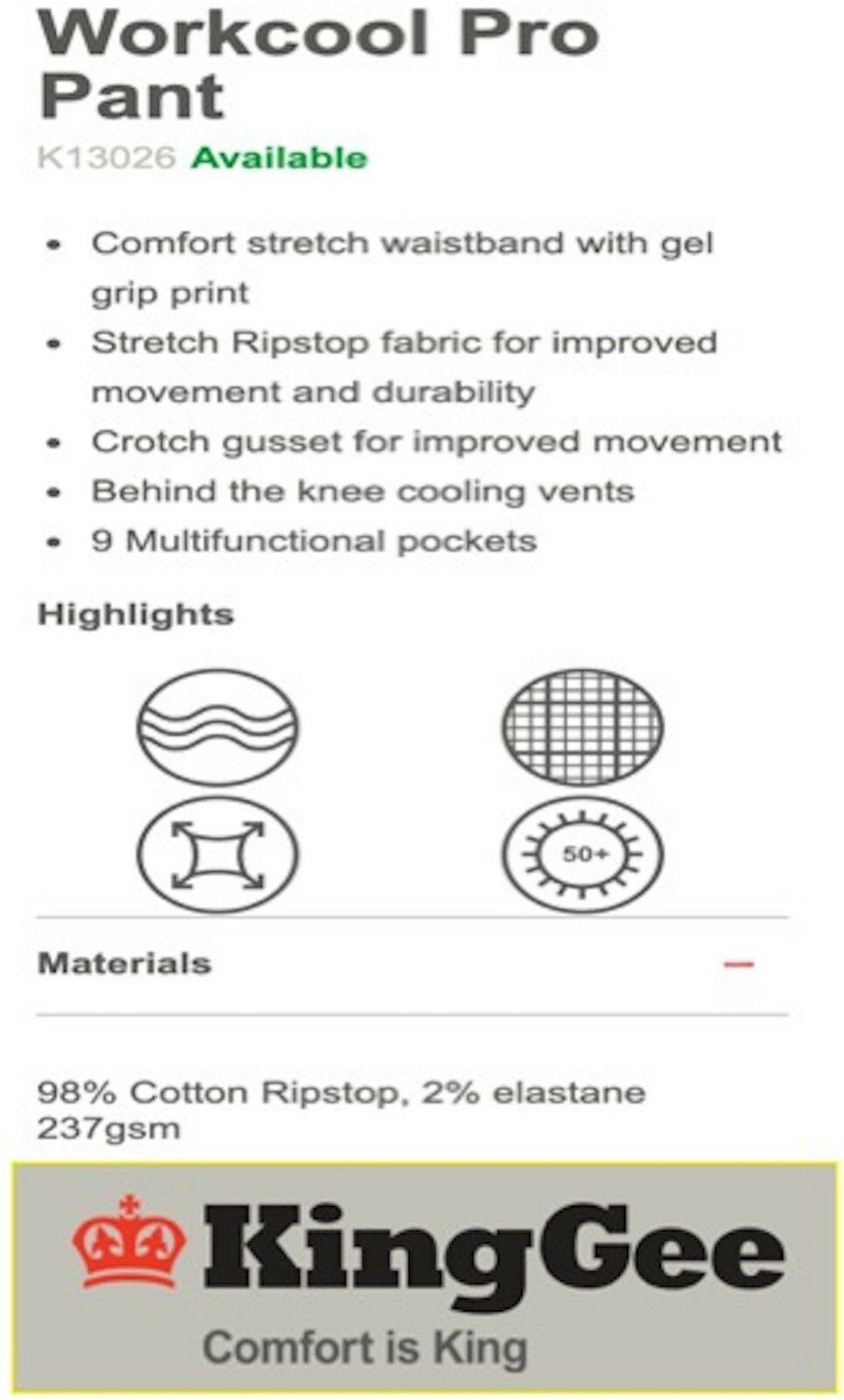 KING GEE 2PK MENS "WORKCOOL PRO" COTTON RIPSTOP MULTI POCKET WORK