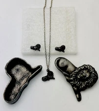 Signed Torino Vintage New Pewter Pin Necklace Earrings Lion Box Set