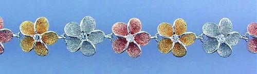 12.5mm Hawaiian Rhodium TriColor 14kGP On 925 Silver Plumeria CZ Bracelet 7.5-8" - Picture 4 of 4
