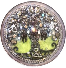 Tree Of Life Vintage Repurposed Jewelry Framed Collage Signed Handmade  Folk Art