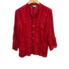 Citron Santa Monica Red Silk Blouse Button Down Women’s Petite Large PL