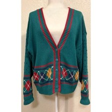 62 East Vintage 80s Teal Retro Knit Sweater Cardigan Womens M