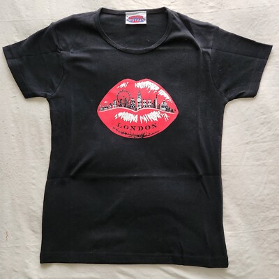 Black Glorious Britain T Shirt Size M London City Skyline in Red Lips