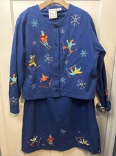 Rare Michael Simon Women  s XL SET Skiing Embroidered Cardigan and Skirt Blue