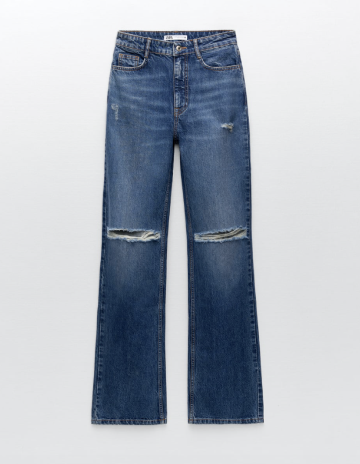 ZARA NEW WOMAN HIGHWAISTED FULL LENGTH RIPPED JEANS BLUE Straight Leg