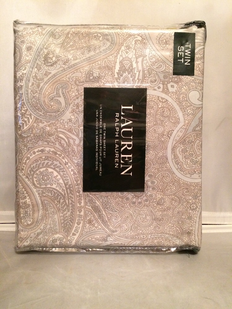 Ralph Lauren Gray, Beige, Blue Paisley Twin Sheets Set Unused in
