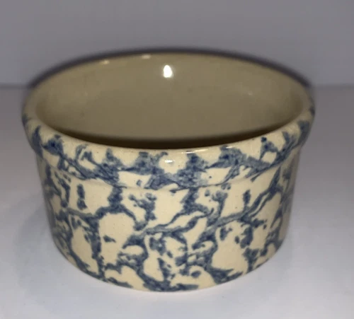 Vintage RRP Co. Roseville Ohio Pottery Blue Spongeware Small Bowl/Ramekin Crock