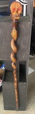 Unique Hand Carved skull  snake handle wooden walking cane stick With Red Gems
