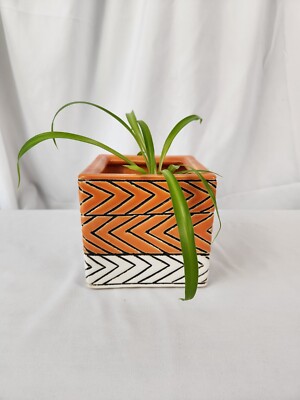 Signed Orange/White Art Pottery Plant Pot - Square 5'' Planter
