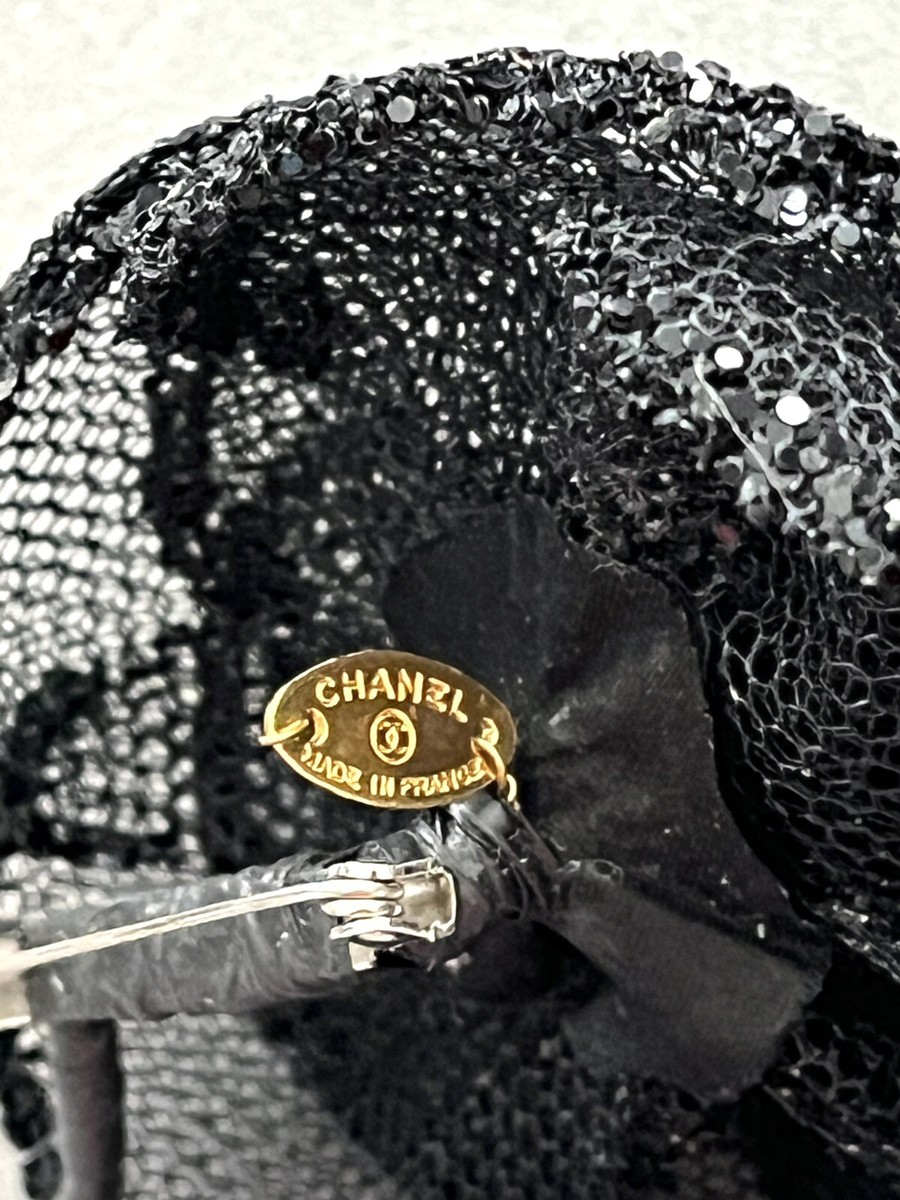 Vintage CHANEL Camellia Flower Black Lace Sparkle Corsage