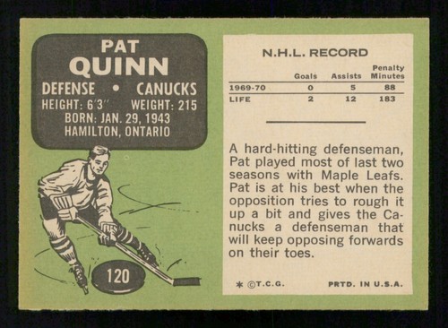 PAT QUINN 1970-71 TOPPS 70-71 NO 120 COMO NUEVO + 22690 - Imagen 2 de 2