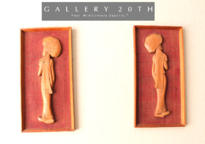 FAB PAIR! UMBRELLA GIRLS MID CENTURY TEAK WALL ART! VTG 50'S PAINTING SCULPTURE