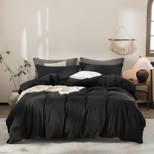 Queen Black Duvet Cover Set - 100 Washed Cotton, Zipper 2 Pillowcases