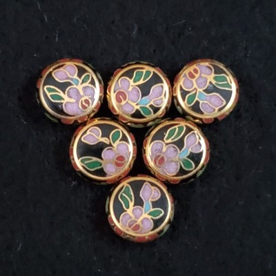 Cloisonne Beads Loose Flat Circle Black Pink Lot of 6
