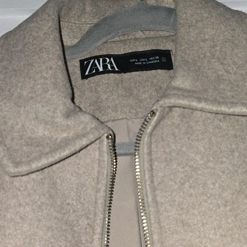 ZARA  Beige Wool Blend Full Zip Jacket Lined Pockets Size L image 2
