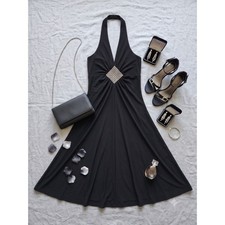 Taboo Halter Dress Womens Black Excellent Rhinestone Cocktail Midi