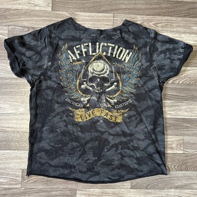 Affliction Biker Tank Top Shirt Womens Medium Black Skull Wings Riding Y2K