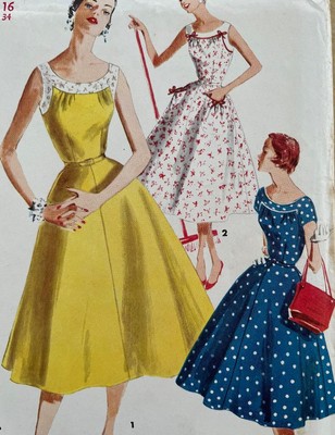 '50 Sew Ptn Simplicity 1207~Summer Dress fit+flare~neckline interest~16/34~UC