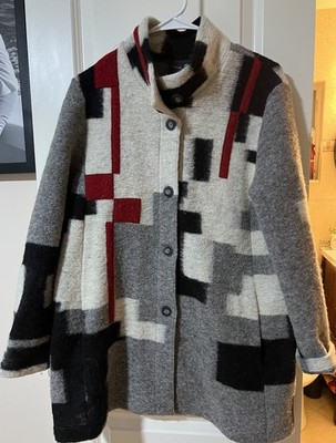 Tib Design Geometric Button Collared Jacket Gray Black Red Mid-Length Women's