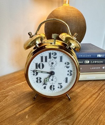 Vintage German Twin Bell Alarm Clock Brass Mechanical Wind Up Linden - Tested
