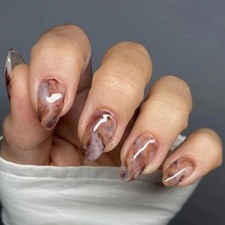 Almond Press On Nails - Medium Length Oval Fake Nails - Brown Marble Design -