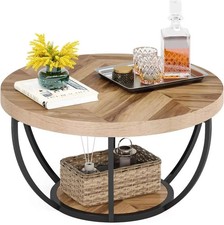 Wooden Round Coffee Table, Rustic 2-Tier Wooden Center Table w/ Storage Shelve