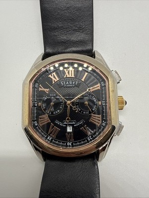 Stauer Meisterzeit Dress Watch Rose Gold Tone Black Leather 23700